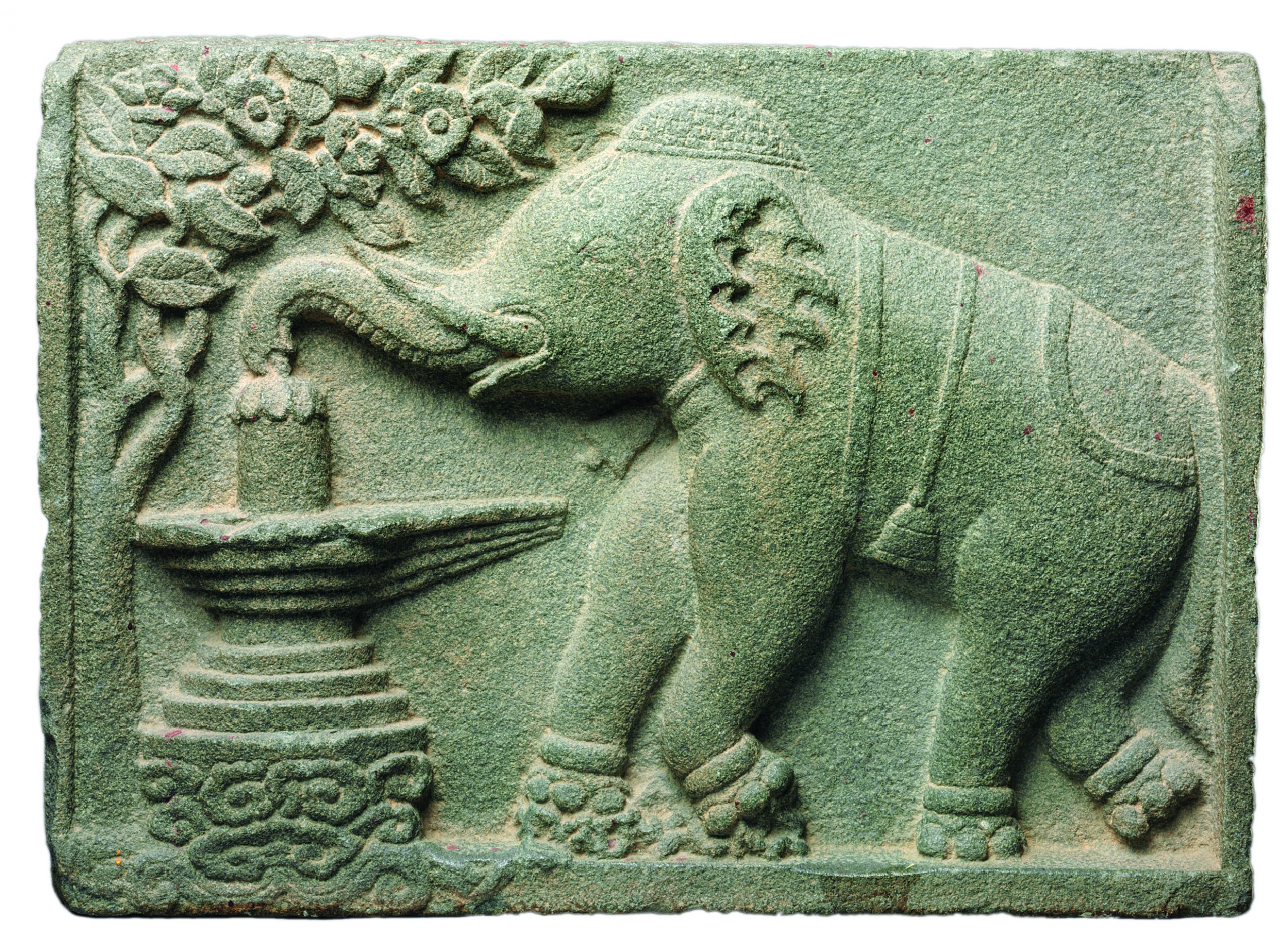 Gajaranya Khsetra: legend of the elephant venerating the linga shrine. Granite relief sculpture from a Hindu temple, ca. 12th century, Quanzhou, Fujian, southern China. Quanzhou Maritime Museum